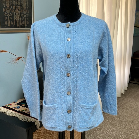 Blarney Woolen Mills Powder Blue Cardigan Sweater Lambswool Angora Blend - Picture 1 of 13